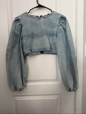 Nasty Gal Light Wash Denim Puff Sleeve Crop Top